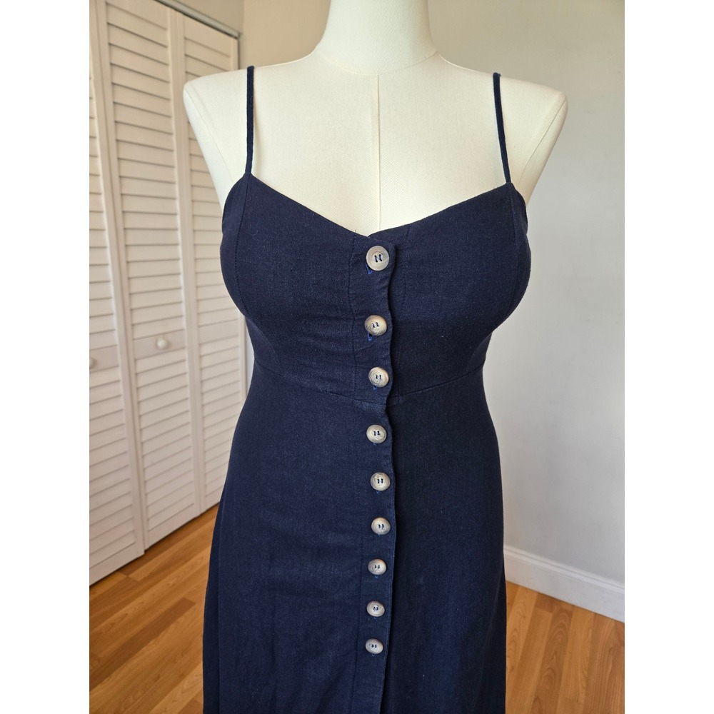 Yessica Navy Blue Linen Blend Button Front Midi Dress M Coastal Chic Minimalist - Picture 3 of 10